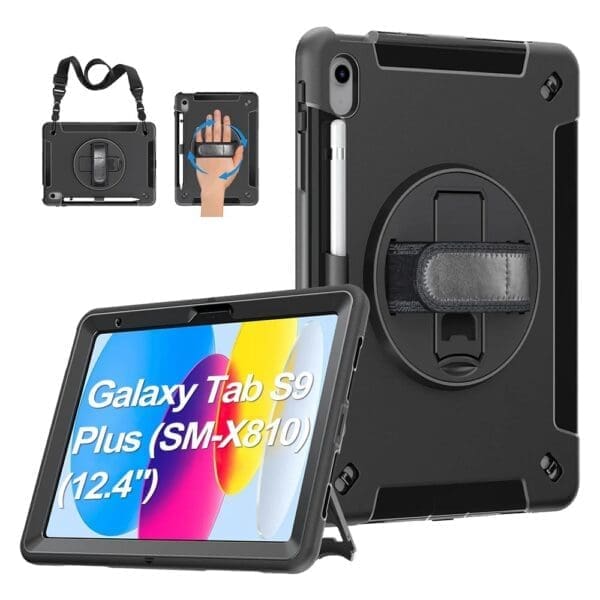 Generic Rugged Samsung Galaxy Tab S10+/ Tab S9+ / Tab S9 FE+ (12.4") Case Black - Built-in-Kickstand,Adjustable Hand Strap, Pen Holder,DropProof