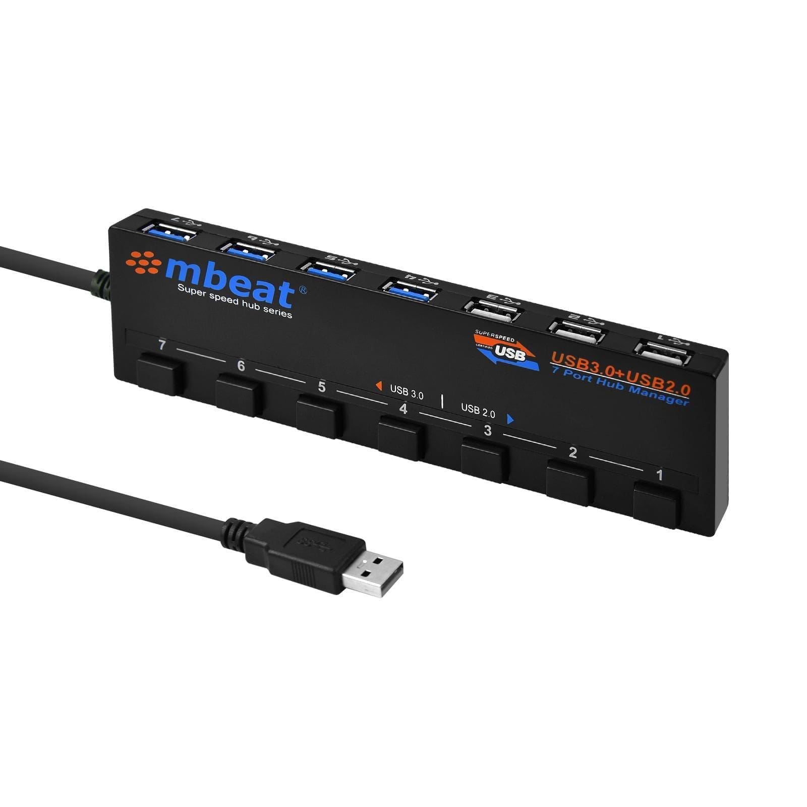 mbeat® 7-Port USB 3.0 USB 2.0 Powered Hub Manager with Switches - 4x USB 3.0 with 5Gbps/3x USB 2.0 with 2.4Ghz(480Mbps)/Super Fast Hub Weight: 129g