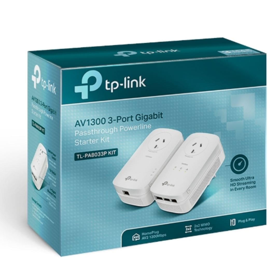 TP-Link TL-PA8033P KIT AV1300 Passthrough Powerline KIT, Qualcomm, 3 Gigabit Ports, 1300Mbps Powerline, 2*2 MIMO, HomePlug AV2, New PLC Utility, Twin