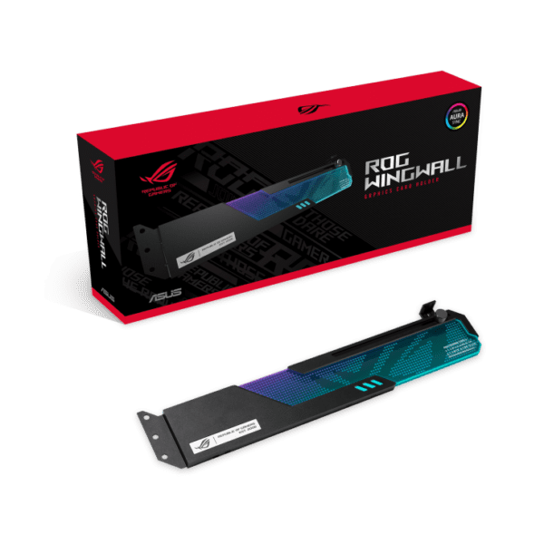 ASUS ROG-WINGWALL-HOLDER Graphics Card Holder Supports All ATX Size Chassis, Eliminate Sag, Tough Aluminium Alloy, Swappable Acrylic Plate, Aura Sync