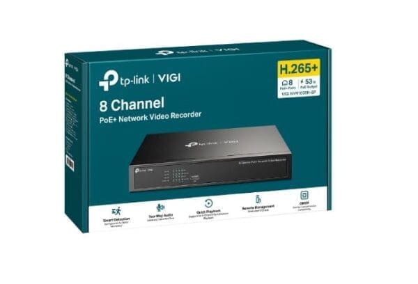 TP-Link VIGI NVR1008H-8P 8 Channel PoE+ Network Video Recorder, 53W PoE Budget, H.265+, 4K Video Output 16MP Decoding Capacity (HDD Not Included)