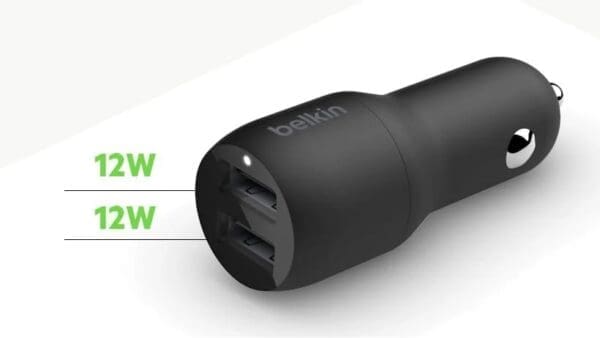 Belkin BoostCharge Dual USB-A Car Charger 24W - Black (CCB001btBK), 2xUSB-A (12W), Dual Port Fast Compact Charger, $2,500 CEW,2YR