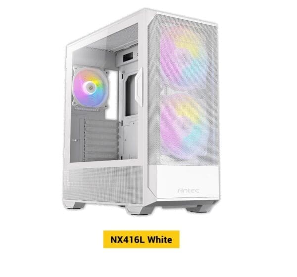 Antec NX416 Mesh White ATX. USB-C x1, USB 3.0 x. 2x ARGB 160mm + 1x ARGB 120mm Fans. LED PWM Controller. SSD Storage, Cable Routing, Gaming Case