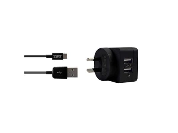 3sixT xDual USB AC Charger 3.4A + Micro USB - 1.0m - Black