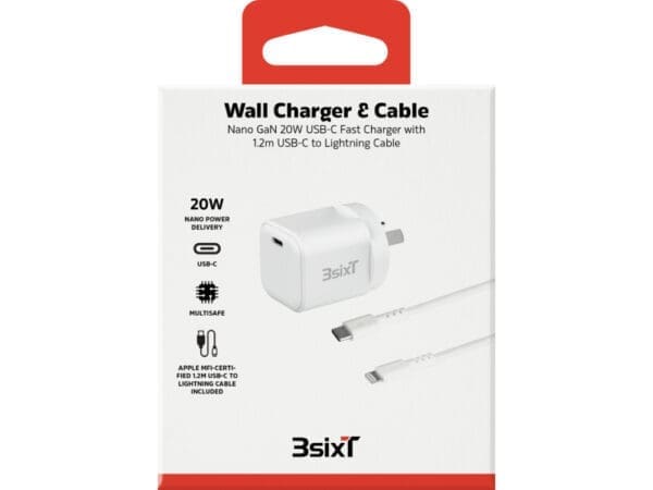 3sixT Wall Charger GaN 20W USB-C PD + USB-C to Lightning - W - Image 2