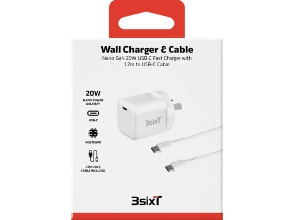 3sixT Wall Charger GaN 20W USB-C PD + USB-C to USB-C - W - Image 2