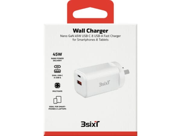 3sixT Wall Charger GaN 45W USB-C PD + 2.4A - W - Image 2