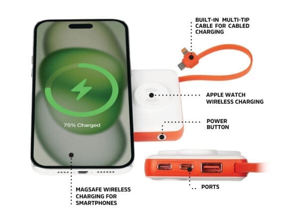 3sixT JetPak 3 in 1 Wireless 10000mAh PowerBank - Wht/Orange - Image 3