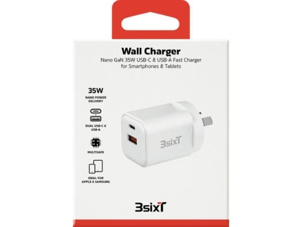 3sixT Wall Charger GaN 35W USB-C PD + QC27W USB-A(Max 15W)-W - Image 2