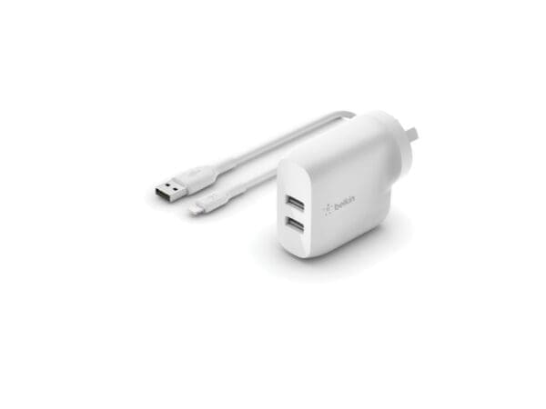 Belkin 24W Dual USB-A Wall Charger, A-Lightning Cable, White - Image 2