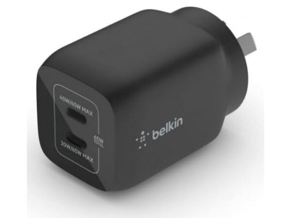 Belkin 65W Dual USB-C GaN Charger, 45W x1, 20W x1 - Black