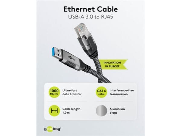 GooBay USB-A 3.0 to RJ45 Ethernet Cable 1.5 m - Black - Image 3