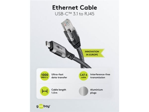 GooBay USB-C 3.1 to RJ45 Ethernet Cable 2 m - Black - Image 3