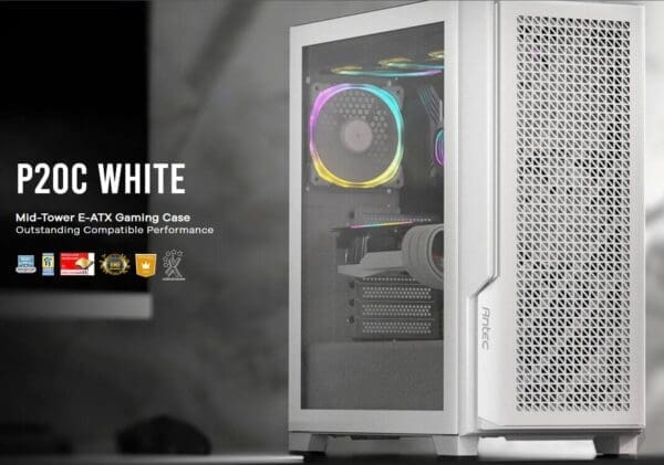 Antec P20C White, ATX, E-ATX, ATX, USB-C, Cable management , 4x HDD or SSD , 375mm GPU, 170mm CPU 3x PWM white 12 CM Fan, Tempered Glass, Gaming Case