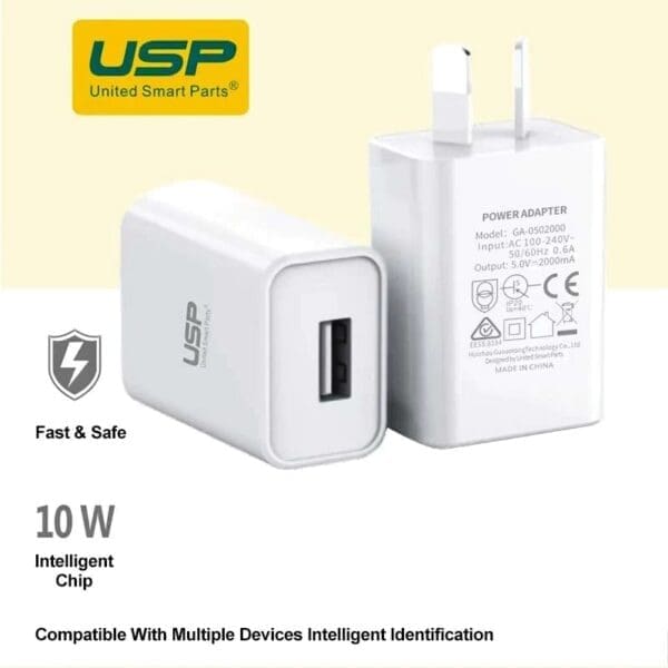 USP 10W USB-A Fast Wall Charger White - Intelligent Chip, Smart Charging, Output Voltage DC5V/3A, Output Current 2A max, Charge Your Phones Tablets