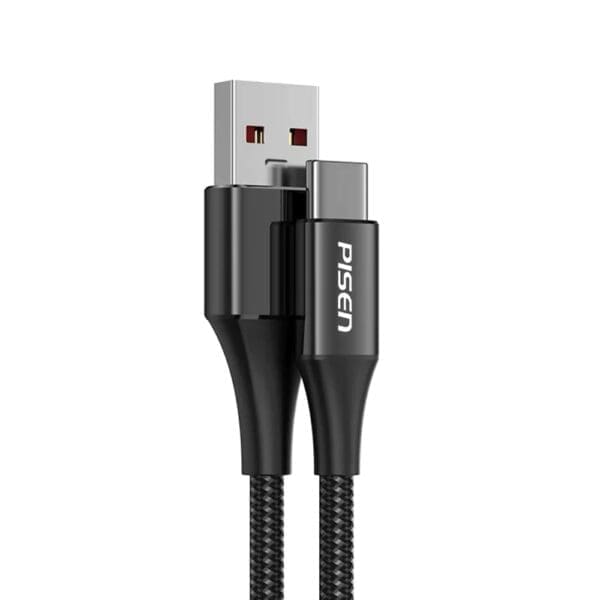 Pisen Braided USB-C to USB-A (2.0) Cable (1M) Black - 3A, Fast Charge, Aluminum Alloy Shell, Support Both Data Sync and Charging, Durable