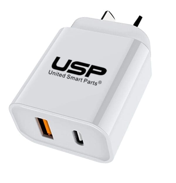 USP 20W Dual Port (20W USB-C PD + 18W USB-A QC3.0) Fast Wall Charger White - Safe Charge,Charge 2 Devices Simultaneously,Short-Circuit Protection