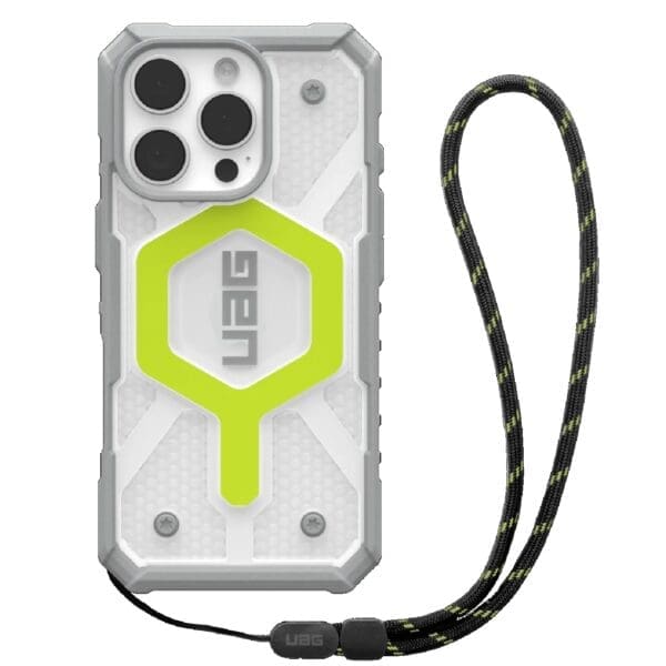 UAG Pathfinder Clear MagSafe Apple iPhone 16 Pro (6.3") Rugged Case + Black Neon Lanyard - Active Neon (1144641BV01), 10 Years Warranty