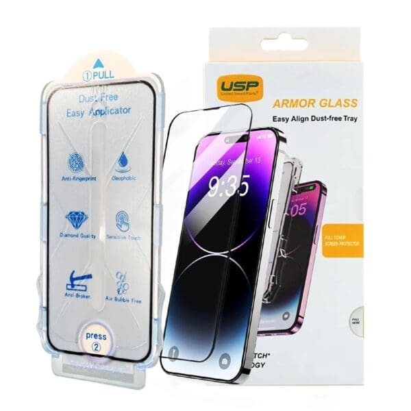 USP Apple iPhone 16 / iPhone 15 (6.1") Tempered Glass Screen Protector : Full Coverage, Easy Align Dust-free Tray, 9H Hardness, Bubble-Free