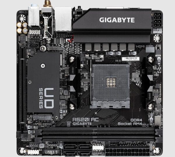 Gigabyte A520I AC 1.4 AMD Mini-ITX MB 2xDDR4 1xM.2 PCIE3.0 1xDP 2xHDMI 802.11ac WIFI RGB Fusion