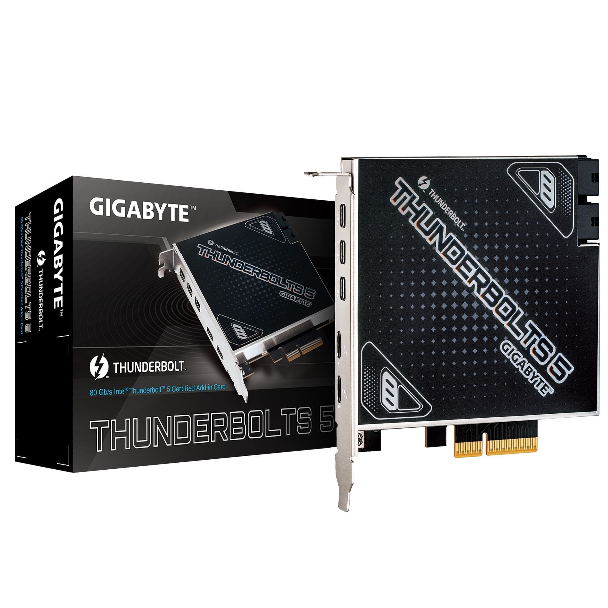 Gigabyte CARD THUNDERBOLTS 5 1.0 add-in card, Intel® JHL9580 Thunderbolt™ 5 controller, Dual Thunderbolt™ 5 Ports, up to 80 Gb/s bi-directional