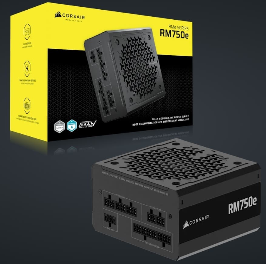 Corsair RMe Series RM750e Fully Modular Low-Noise ATX Power Supply (AU), Cybenetics Gold, ATX12V 3.1, 2x PATA, 2x EPS, 6x SATA, 3x PCIe
