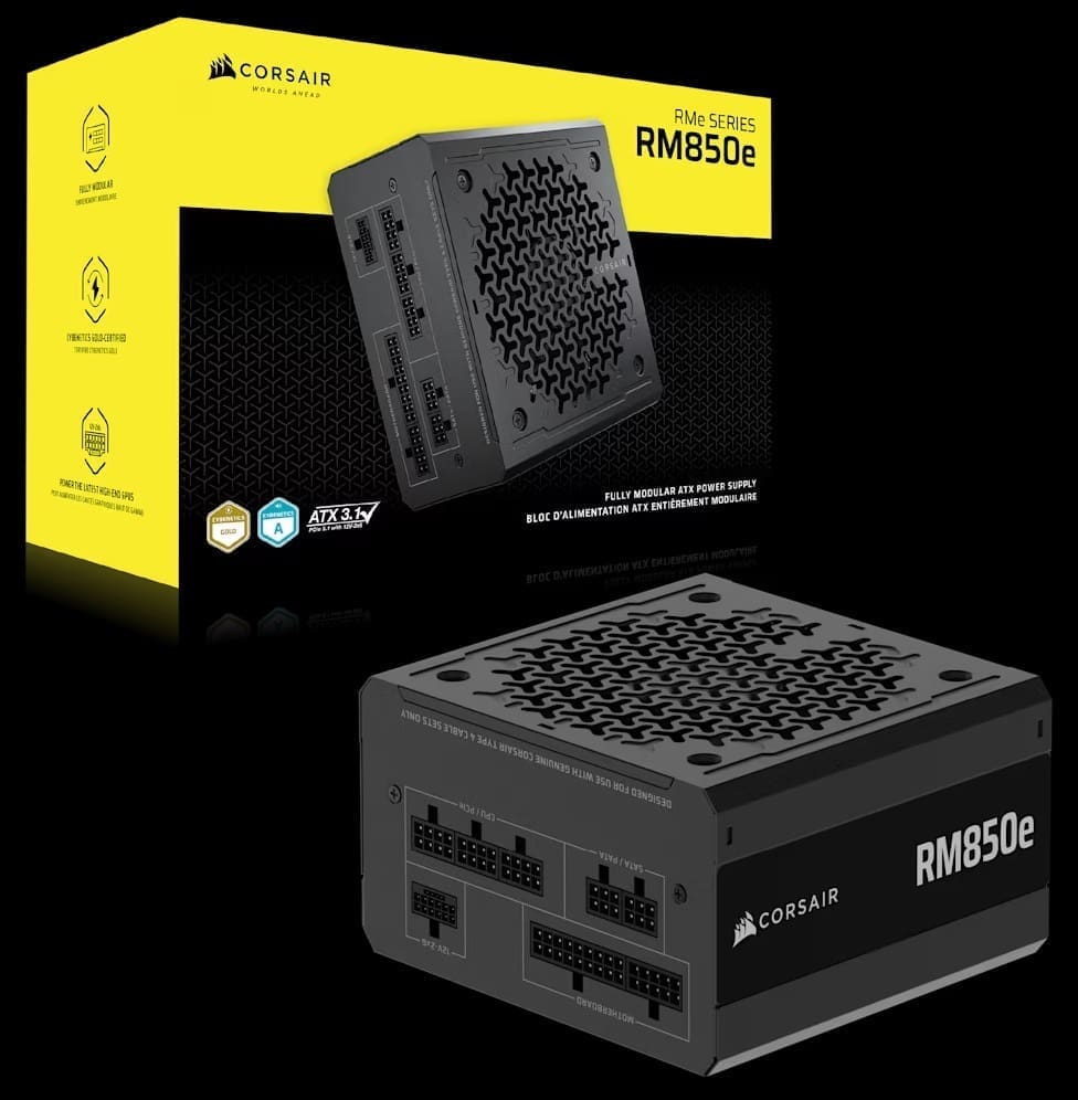 Corsair RMe Series RM850e Fully Modular Low-Noise ATX Power Supply (AU), Cybenetics Gold, ATX12V 3.1, 2x PATA, 2x EPS, 6x SATA, 3x PCIe