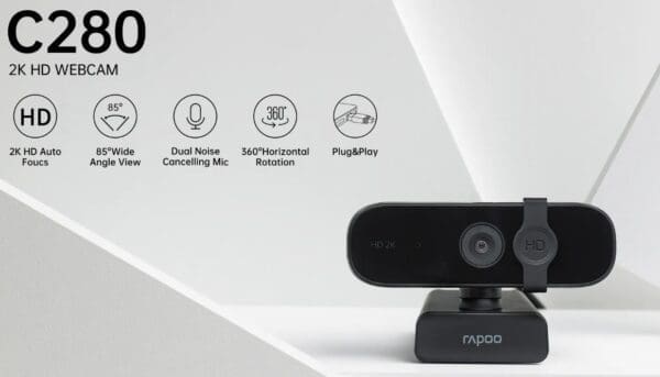 RAPOO C280 2K Webcam - 85 Degree Wide Angle Lens, 360 degrees, Omini Mic. Noise cancel, AutoF Plug Play. Teams, Google Meet, Zoom, Win Hello, Wechat