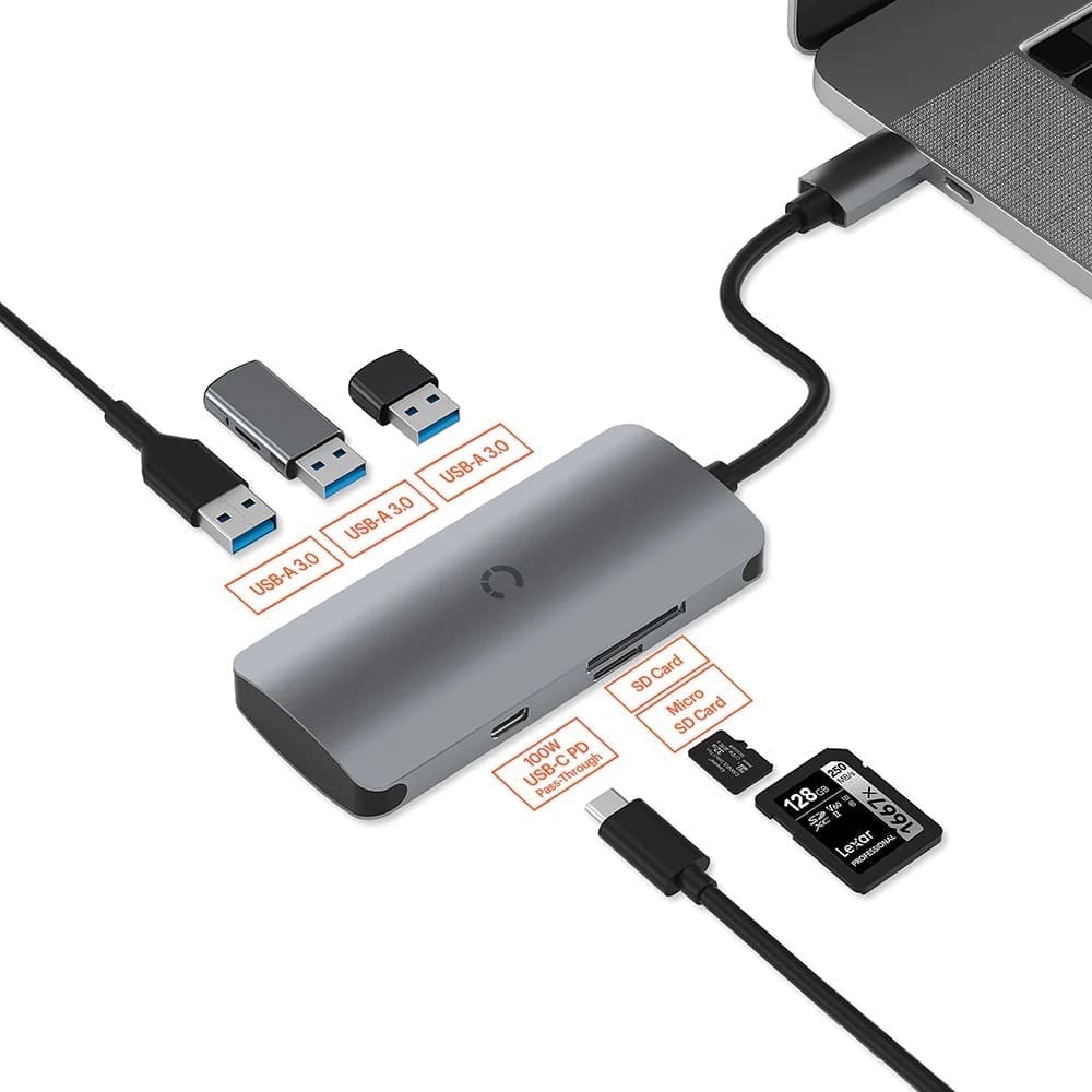 Cygnett Unite SlimMate 6-in-1 USB-C Multiport Hub Adapter Dock-(CY3316HUBC3)3xUSB-A 3.0 1xUSB-C 100W PD 1xSD 1xMicroSD High-Speed Data,2Years Warranty