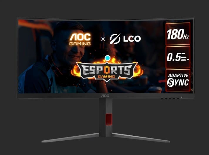AOC 34" WQHD Curved Monitor – 3440×1440@180Hz, 0.5ms MPRT, 1500R VA, 120% sRGB, DP 1.4, HDMI 2.0, Delta E<2, tilt/swivel/height adjustable