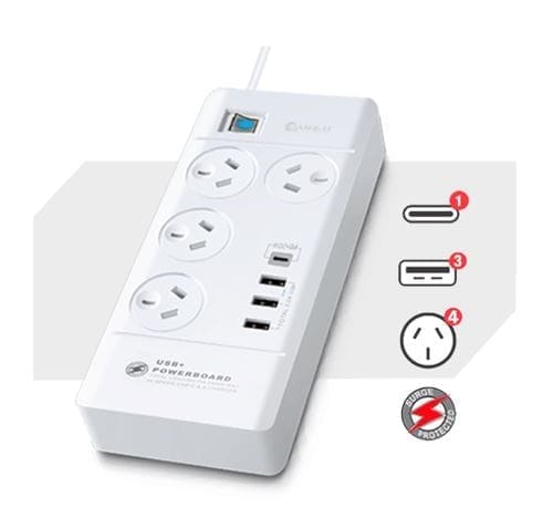 Sansai 4 Outlet 3xUSB-A 1xUSB-C Powerboard Master On/Off switch Surge and overload protected Fast charging 1M 20W 220-240V 10A IV Retail box