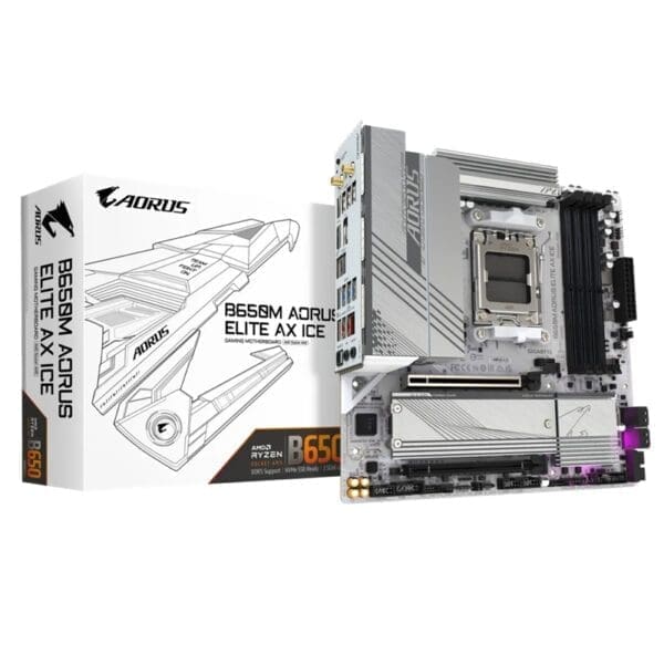 Gigabyte B650M AORUS ELITE AX ICE AMD B650 AM5 ATX Motherboard 4x DDR5~192GB,3x PCIe x16, 3x M.2, 4x SATA 6, 2x USB 3.2, 1x USB-C, 2x USB 2.0
