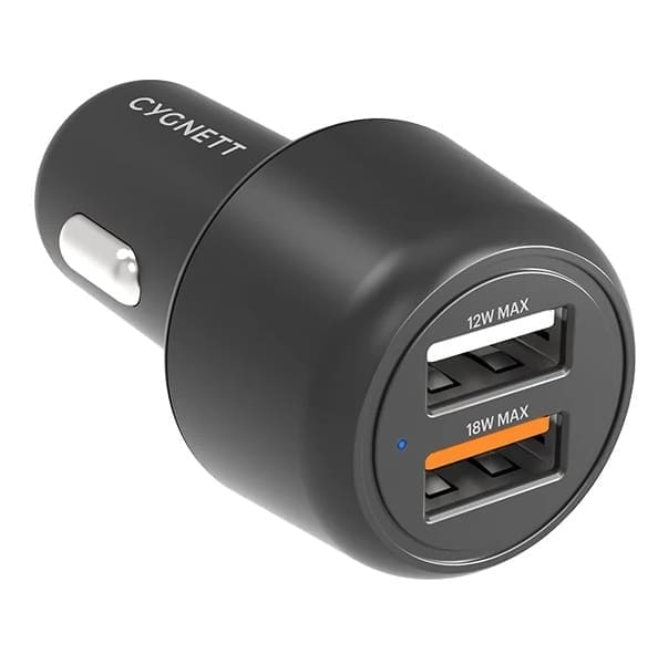 Cygnett CarPower 30W Dual Port Car Charger - Black (CY3680CYCCH), 2xUSB-A(12W 18W QC 3.0), 3.6x faster than standard 5W, 2 Years Warranty
