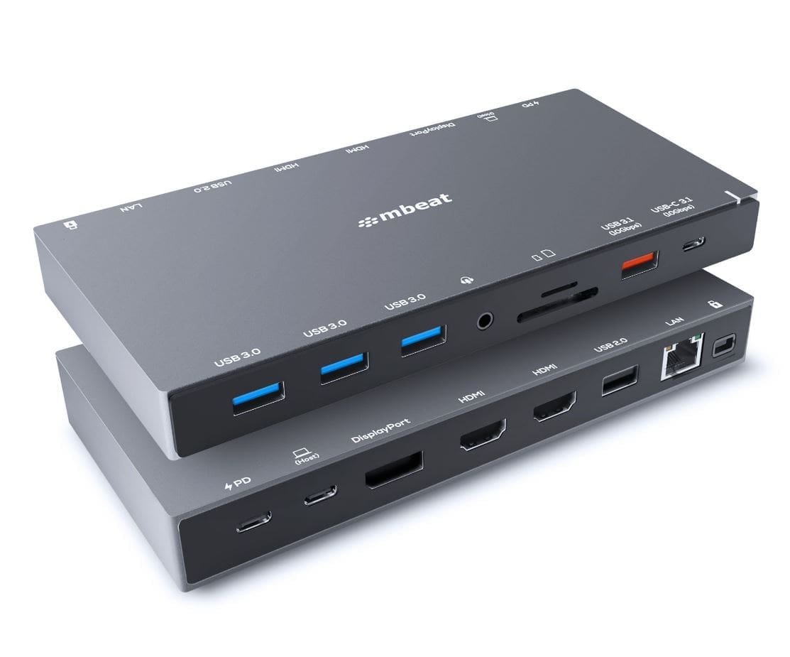 mbeat® 15-in-1 Triple Display USB-C Docking Station 2x HDMI 1x DP 1x 100W PD 3.0 1x USB-C 3.1 Gen2 3x USB 3.0 1x USB 3.1 Gen2 MicroSD/SD Card 1x 1Gb