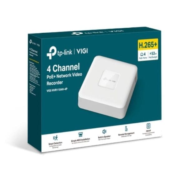 TP-Link VIGI NVR1104H-4P 4 Channel PoE+ Network Video Recorder, 24/7 Continuous Recording, 4K HDMI Video Output 16MP Decoding (HDD Not Included)