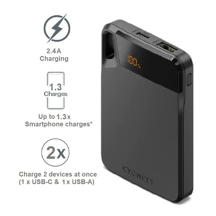 Cygnett ChargeUp Boost 5K mAh Power Bank - Black (CY4743PBCHE), Dual Ports (1x USB-C 12W, 1x USB-A 12W), 15cm USB-A to USB-C Cable, 2 Years Warranty
