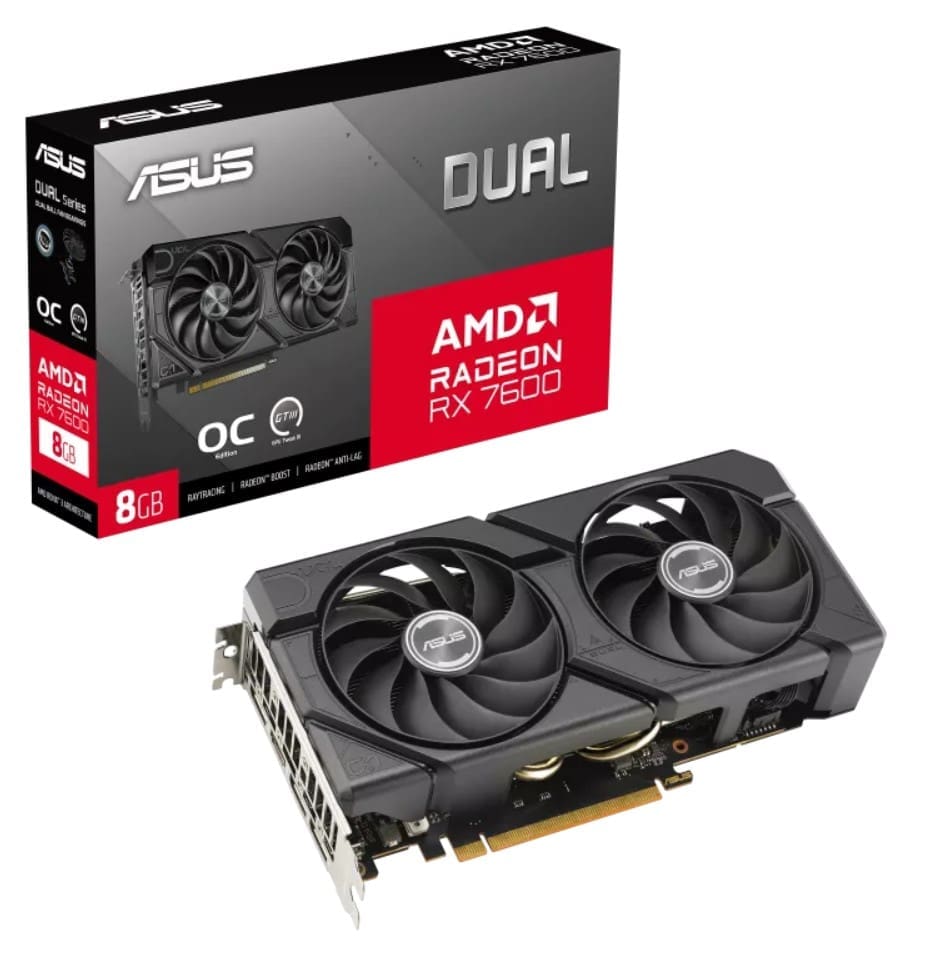 ASUS AMD Radeon DUAL-RX7600-O8G-EVO Edition 8GB GDDR6, PCIe 4.0, 2048 SP, 18Gbps 128-bit, Boost 2715MHz, HDMI 2.1, 3xDP 1.4a