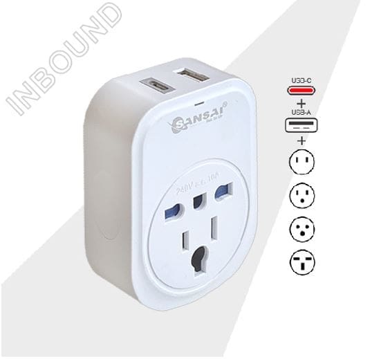 Sansai USB Travel Adaptor USB A + C 2xUSB Charging Outlets 100-240VAC 10A 2400W Compatible with plugs from many countries