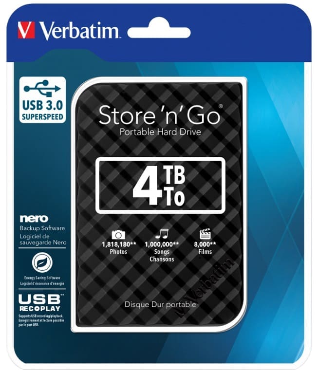 Verbatim 4TB 2.5" USB 3.0 Black Store'n'Go HDD Grid Design.