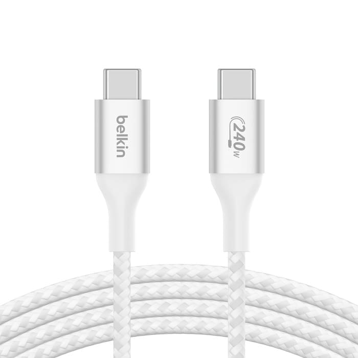 Belkin BoostCharge Braided USB-C to USB-C PD 3.1 Cable (2M) - White (CAB015bt2MWH), 5A/240W, 480Mbps, 30K+ Bends, Apple iPhone, 2 Years Warranty