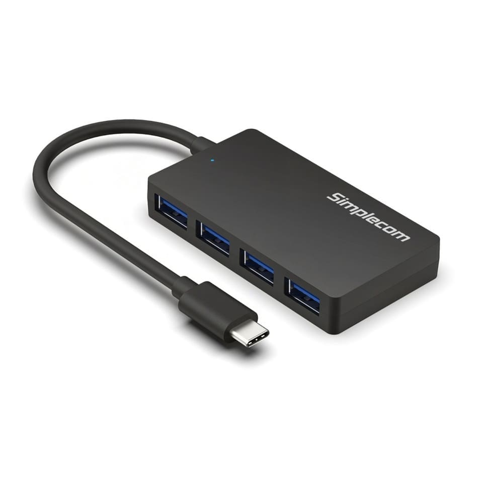 Simplecom CH350 SuperSpeed USB-C to 4xtUSB-A Hub USB 3.2 Gen1, 5Gbps, plug play, bus-powered, ABS, 76×41×11mm, 35g, 15cm cable, Win/macOS compatibe