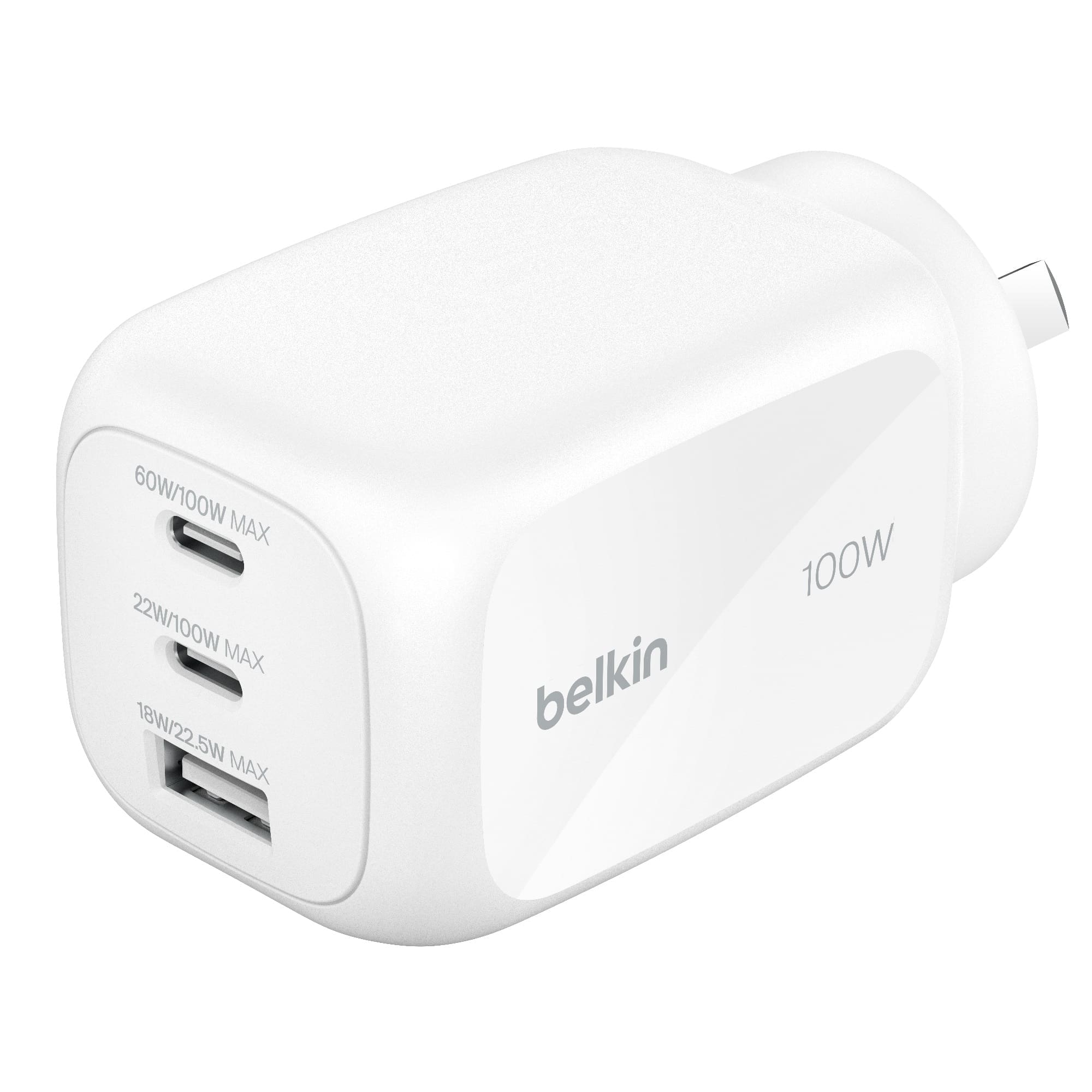 Belkin BoostCharge Pro 100W 3-Port GaN Wall Charger - White (WCH016AUWH), 2x USB-C, 1x USB-A, Compact Laptop Charger, CEW $2500, 2 Years Warranty