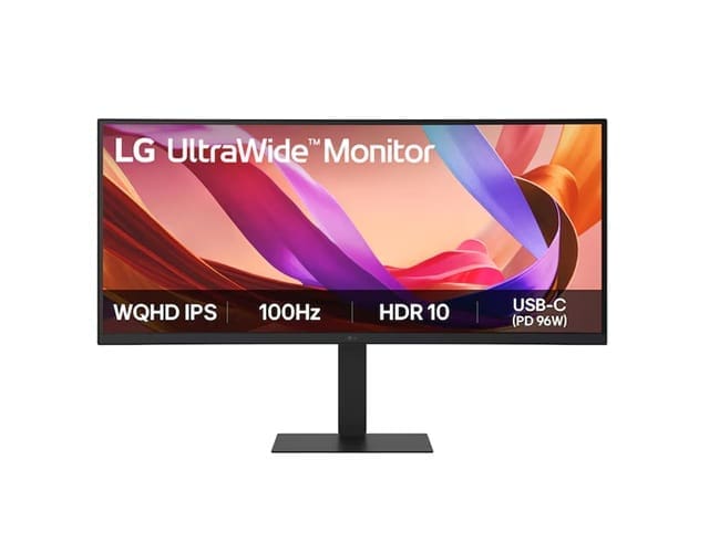 LG 34" UltraWide 21:9 WQHD Curved IPS Monitor with 3440x1440 resolution, sRGB 99%, HDR10, 100Hz, 5ms response, and tilt/height/swivel stand