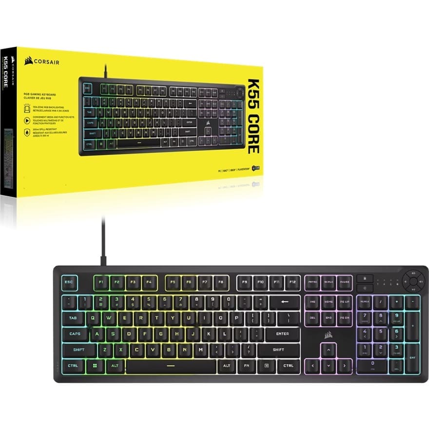Corsair K55 CORE RGB Gaming Keyboard — Black, Extended layout, 12KRO, 6 macro keys, rubber dome switches, USB wired, iCUE support, media controls