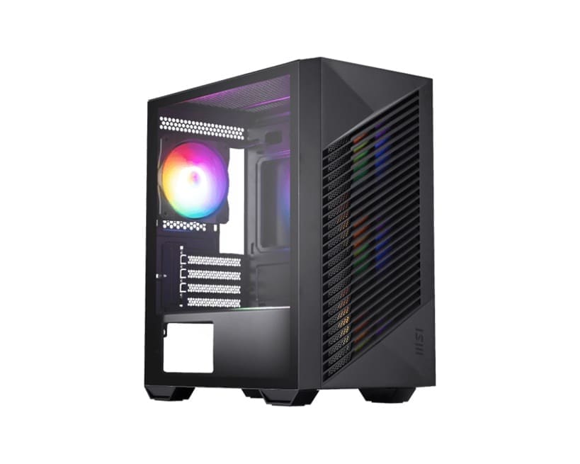 MSI PRO FORGE M050A Mini-Tower, mATX/ITX, GPU 300mm, CPU 160mm, PSU 170mm, 4 slots, 4×RGB fans, 2×2.5", 2×3.5", 120/240mm top rad, 388×200×423mm