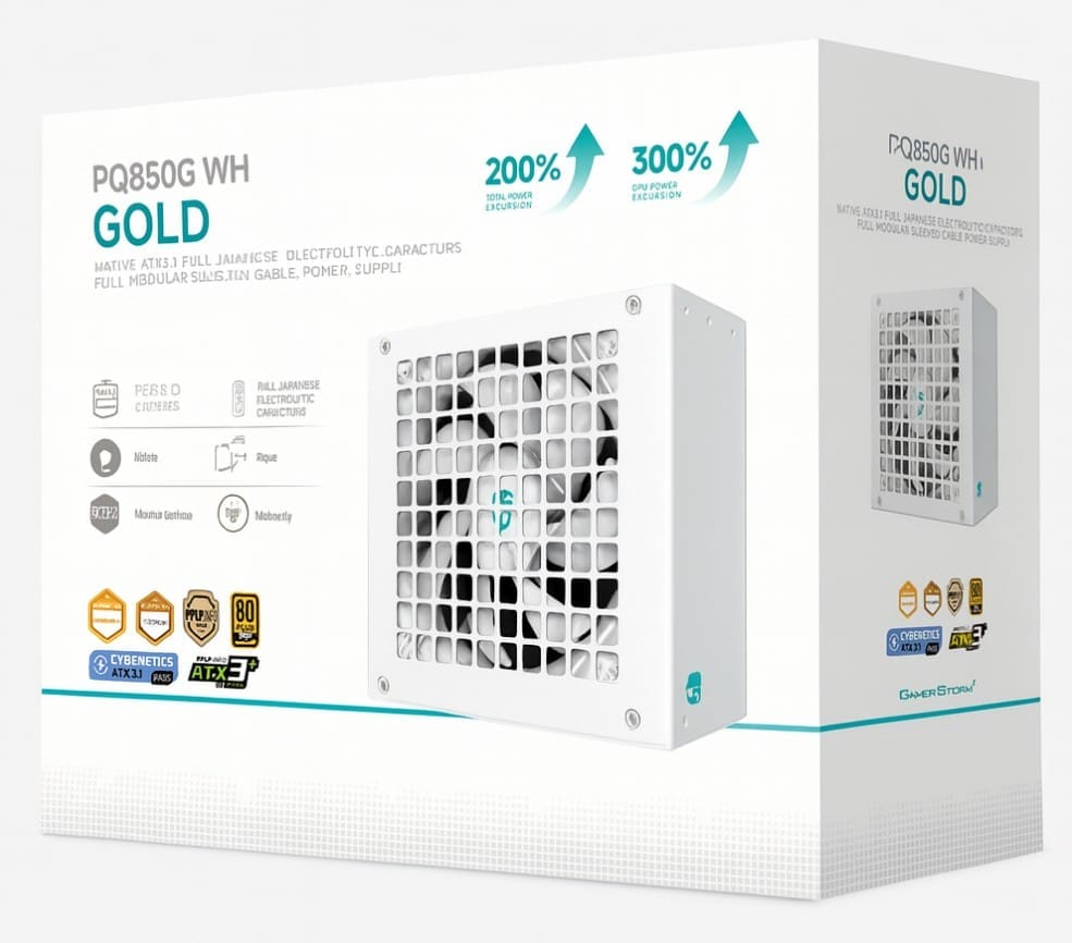 DeepCool PQ850G WH 850W Gamer Storm 80+ Gold/Cybenetics Fully Modular ATX Power Supply 120mm Fan, Japanese Capacitors, DC to DC, ATX12V V3.1,