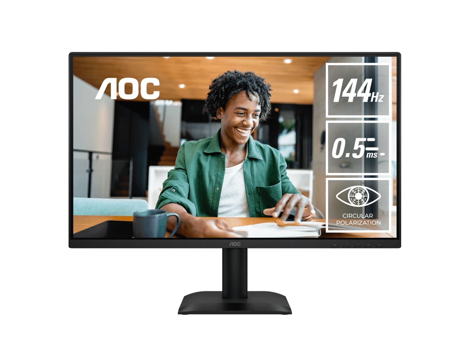 AOC 23.8" IPS, 1920×1080@144Hz, 4ms GtG, 300 cd/m², 1500:1, 178° VA, sRGB 112%, HDMI/DP, tilt -5°~23°, 16.7M colors, 16W