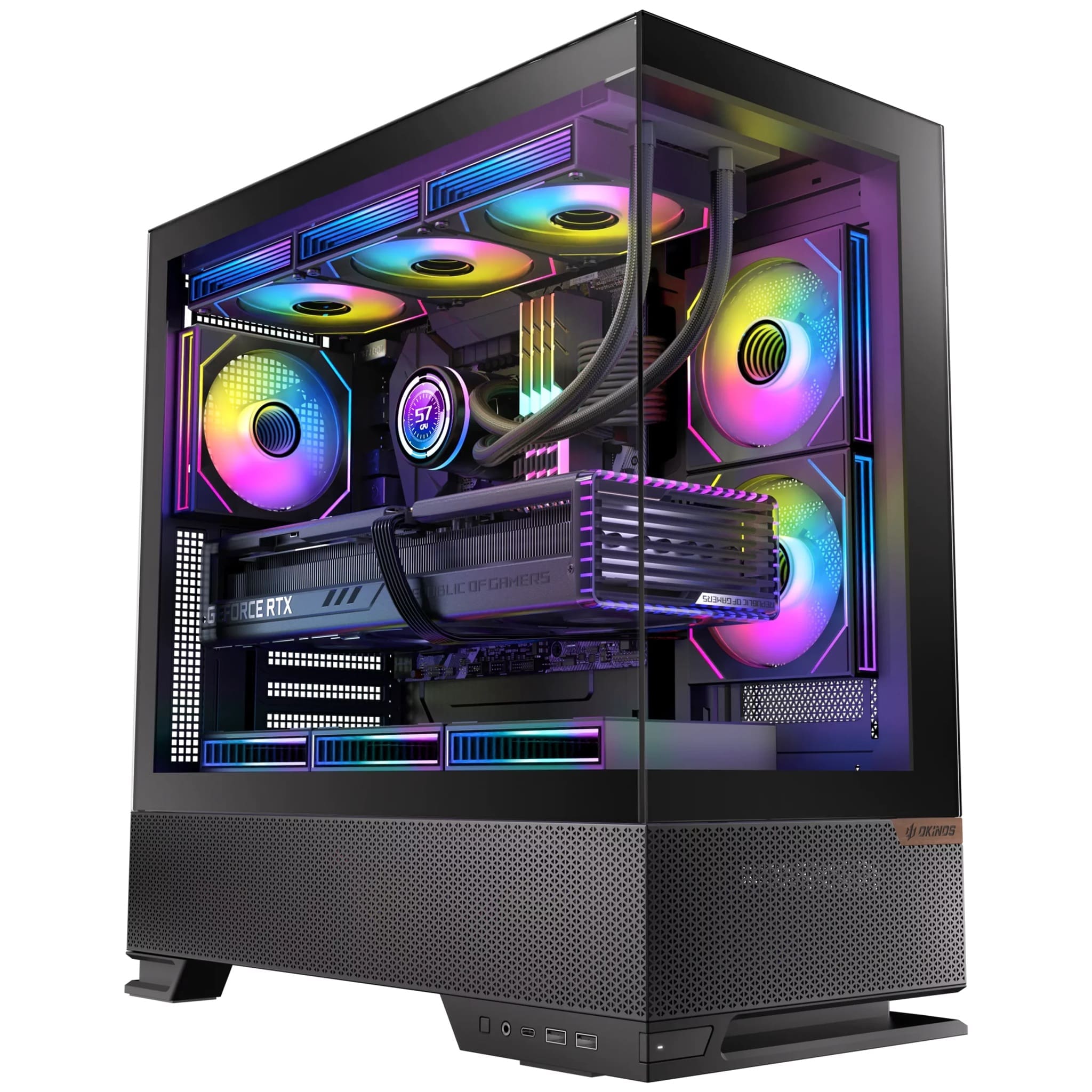 OKINOS Aqua 6 infinity Mid Tower ATX case, tempered glass, USB-C 10Gbps, 435mm GPU, 175mm CPU, 360mm radiator, ATX/mATX/ITX support, steel build RGB
