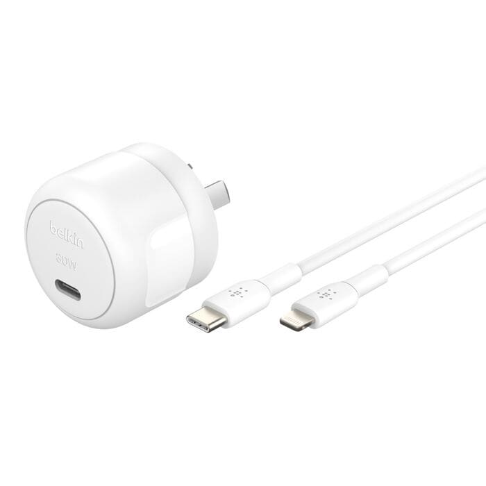 Belkin BoostCharge Compact 30W USB-C PD 3.1 Wall Charger + USB-C to Lightning Cable - White (WCA008au1MWH-B5), Apple, 2 Years Warranty