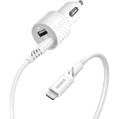OtterBox Dual Port (24W) Car Charger with Lightning to USB-A Cable (1M) - White (78-52698), Compact design,Safe Smart Charging, 2 Years Warranty
